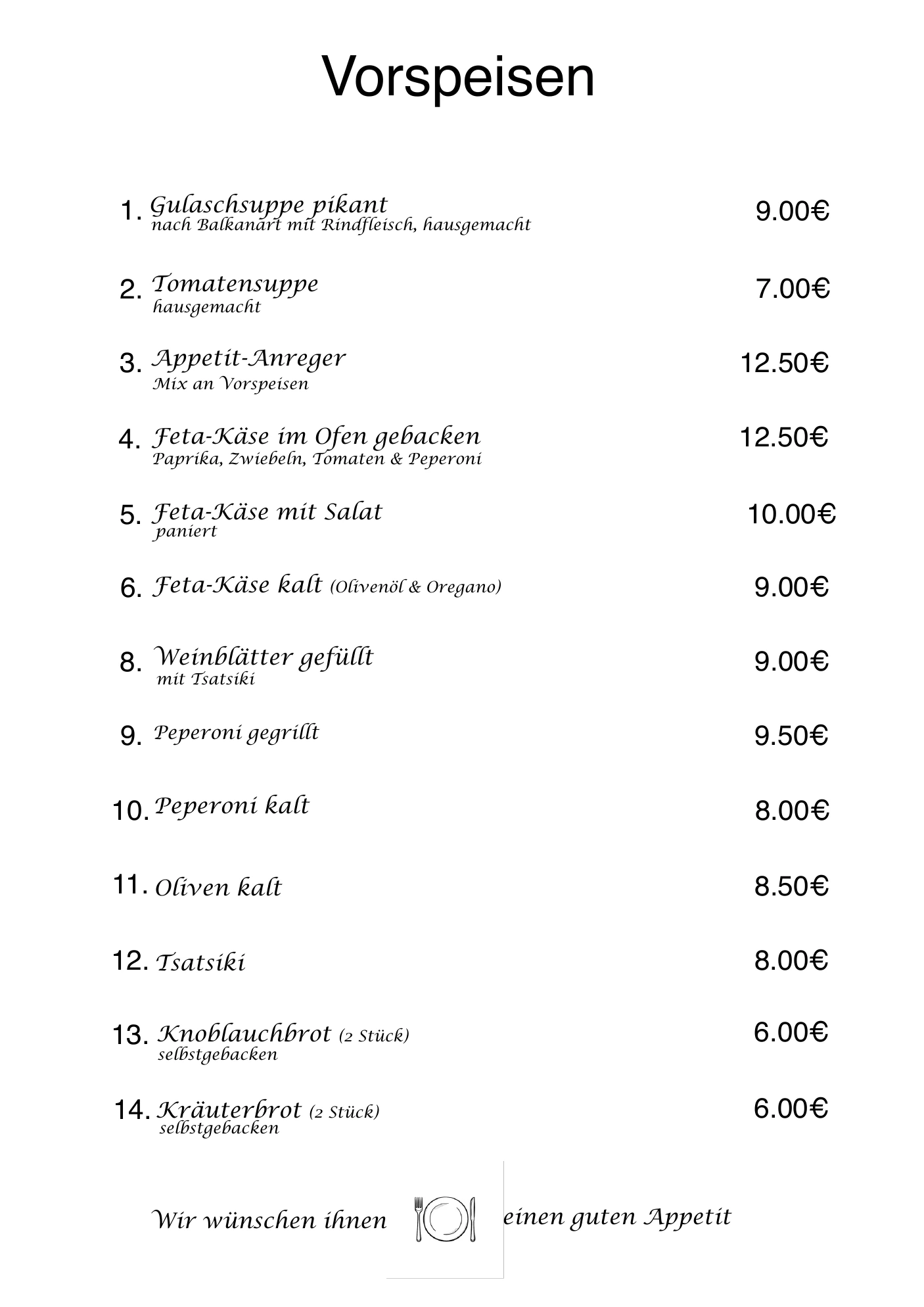 Speisekarte linke Seite