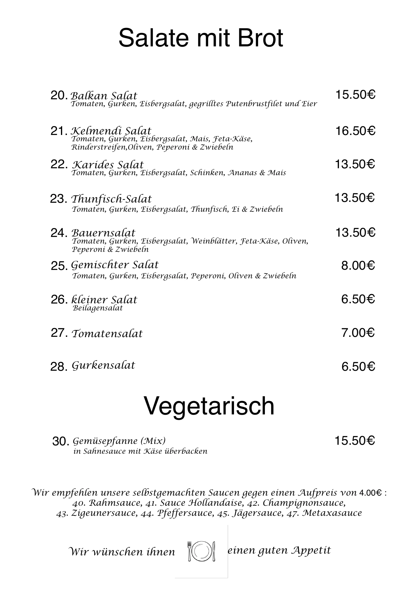 Speisekarte rechte Seite